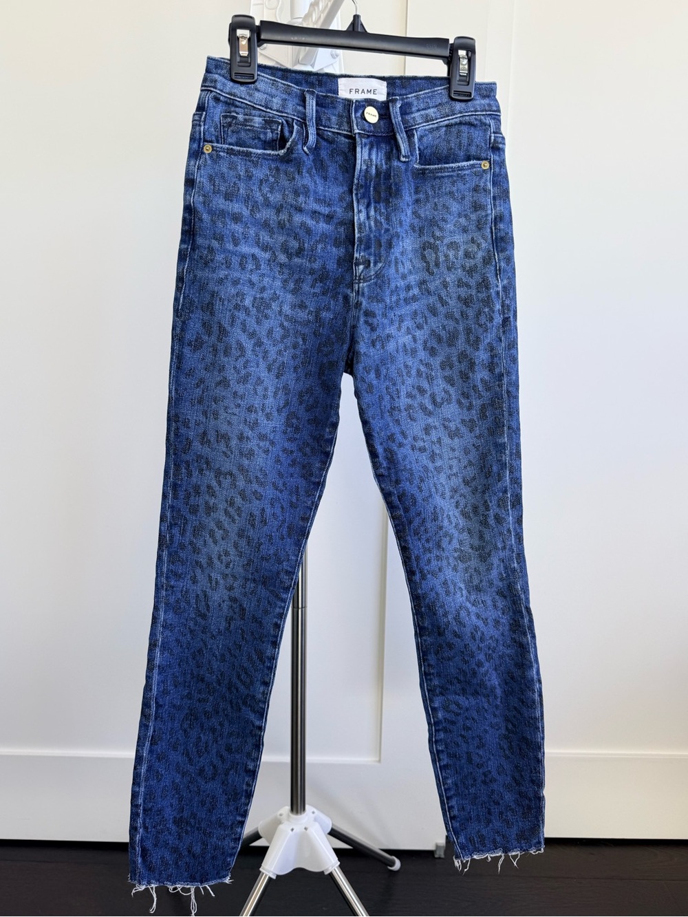 Frame Dark Blue Leopard-Print High-Rise Jeans